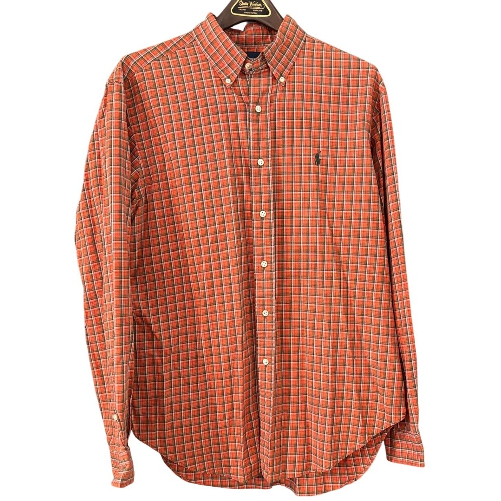 Polo Ralph Lauren Mens Classic Fit Plaid Button Down Shirt Orange Green Large